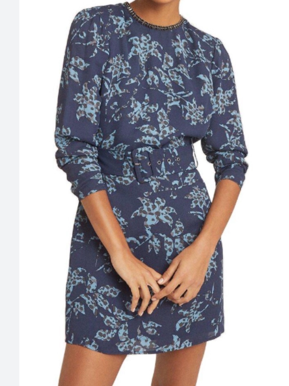 Reiss Melody Navy Dress with Light Blue Floral Print and Belt • NWT